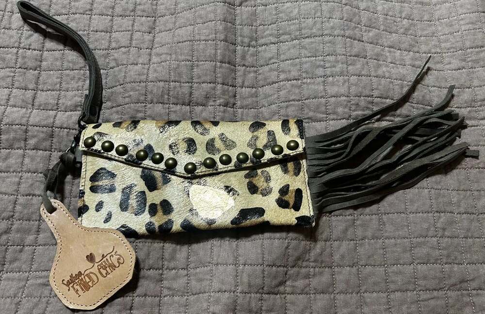 Southern Fried Chics Leopard Fringe Wristlet Wallet Hair On Hide